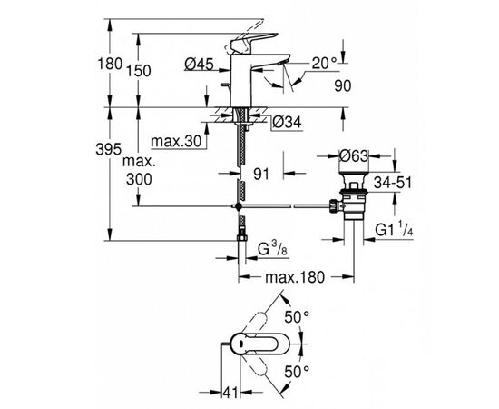 233328000 grohe bauedge смеситель однорычажный для раковины dn 15 s-size с донным клапаном в Актау фото № 2
