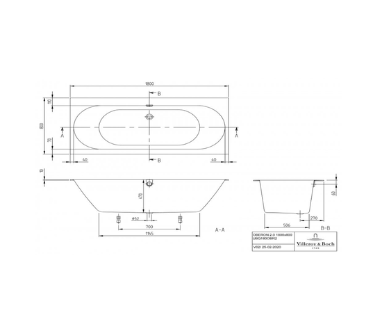 Ванна квариловая villeroy&boch oberon ubq180obr2dv-01 180x80 с ножками в Актау фото № 3