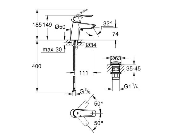 смеситель для раковины grohe eurosmart 23968003, хром в Актау фото № 2