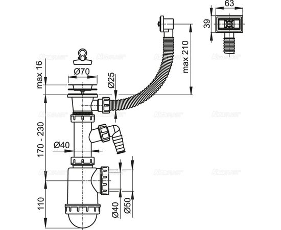 сифон для мойки alcaplast a444p с нержавеющей решеткой  70 с переливом и подводкой в Актобе фото № 2