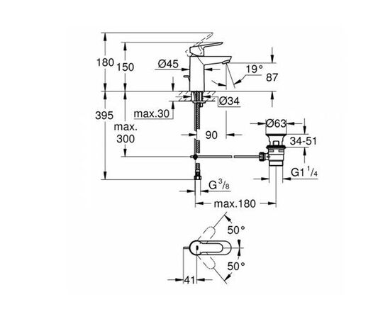 смеситель для раковины grohe bauedge 23328000 s-size с донным клапаном, хром в Актобе фото № 3