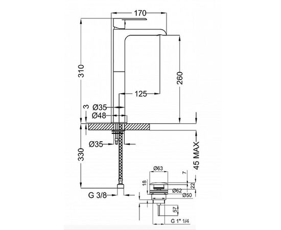 смеситель для раковины высокий teorema xs 8x341 хром с донным клапаном италия в Актобе фото № 2