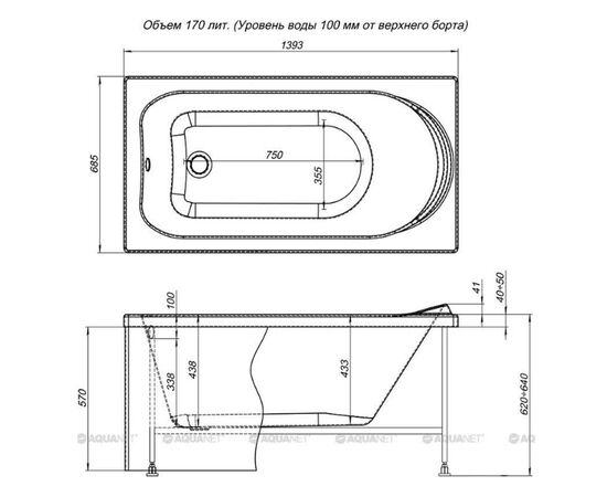 Ванна акриловая aquanet 140x70 nord в комплекте с каркасом в Актобе фото № 3