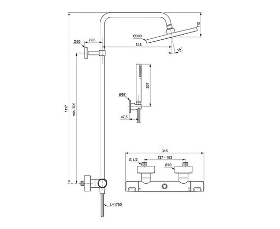 Душевая система ideal standart ceratherm t25 bc748xg 175 с термостатом в Актобе фото № 3