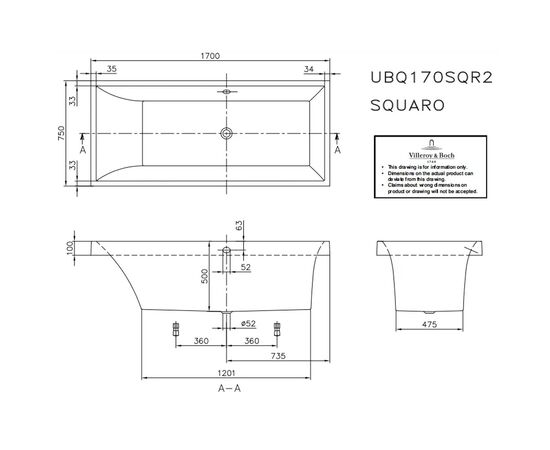 Ванна прямоугольная villeroy&boch squaro ubq170sqr2v-01 170*75 бел. в Актобе фото № 3