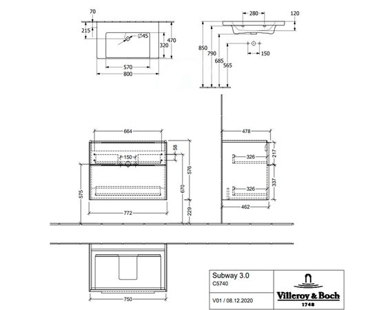 тумба с раковиной 80см villeroy&boch subway 3.0 c574l0vm + 4a708301, светло-коричневый в Актобе фото № 2