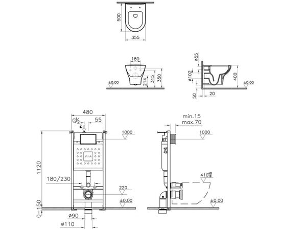 унитаз с инсталляцией 4в1 vitra v-fix core 800-1874, zentrum 5795b003-0850, клавиша root r черная в Актобе фото № 2