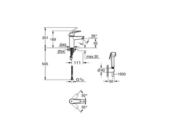 смеситель для раковины grohe eurosmart 23124003 с гигиеническим душем, хром в Актобе фото № 2