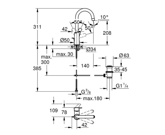 Высокий смеситель для раковины grohe eurosmart 23537003, хром в Актобе фото № 2