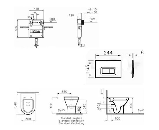 Комплект vitra s50: унитаз 5323b003-0075 с инсталляцией и кнопкой 740-0680/801-003-003 в Астане фото № 2