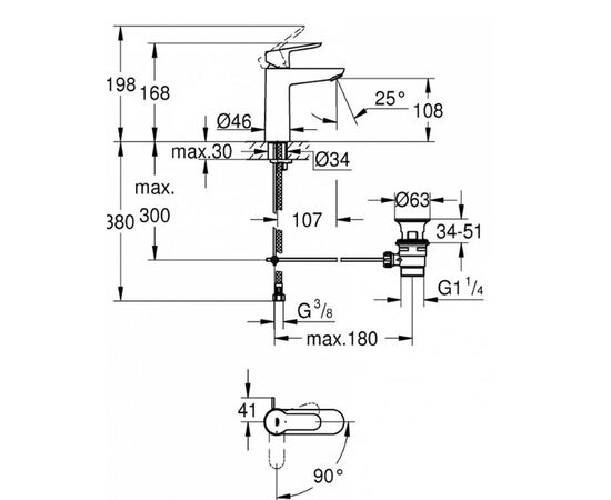 23759000 grohe bauedge смеситель однорычажный для раковины dn 15 m-size с донным клапаном в Астане фото № 2