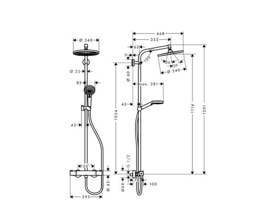 Душевая система hansgrohe crometta s 240 1jet showerpipe 27267000 с термостатом в Астане фото № 2
