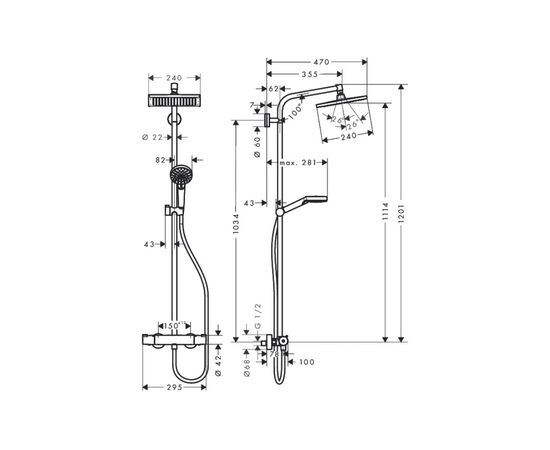 Душевая система hansgrohe crometta е 240 1jet showerpipe 27271000 с термостатом в Астане фото № 2