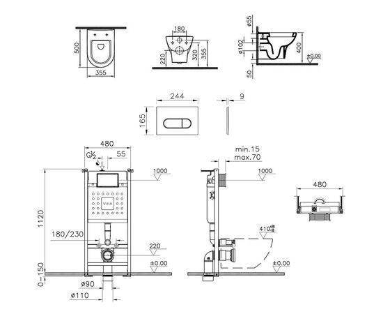 унитаз с инсталляцией 4в1 vitra v-fix core 800-1875, zentrum 5785b003-0075, клавиша root s хром в Астане фото № 2