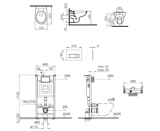 унитаз с инсталляцией 4в1 vitra v-fix core 800-1875, normus 7855b003-0075 lift, клавиша root s хром в Астане фото № 2