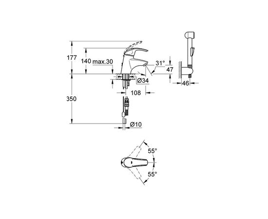 смеситель для раковины grohe eurosmart 33462001 с гигиеническим душем и цепочкой в Астане фото № 2