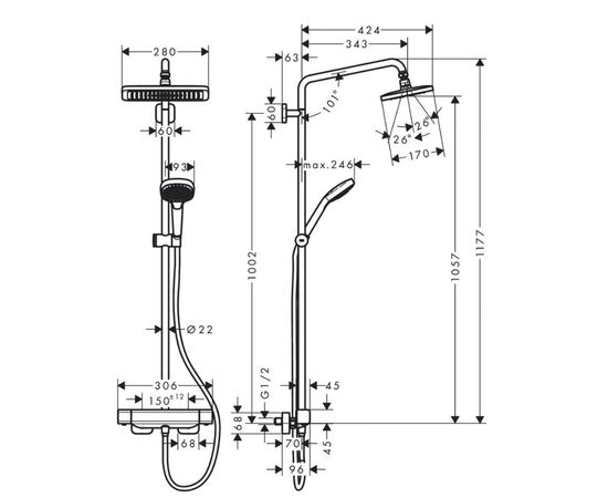 Душевая система hansgrohe croma e showerpipe 280 1jet 27630000 с термостатом в Атырау фото № 2