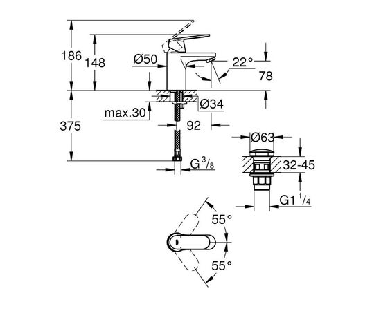 смеситель для раковины grohe eurosmart cosmopolitan 23925000, хром в Атырау фото № 2