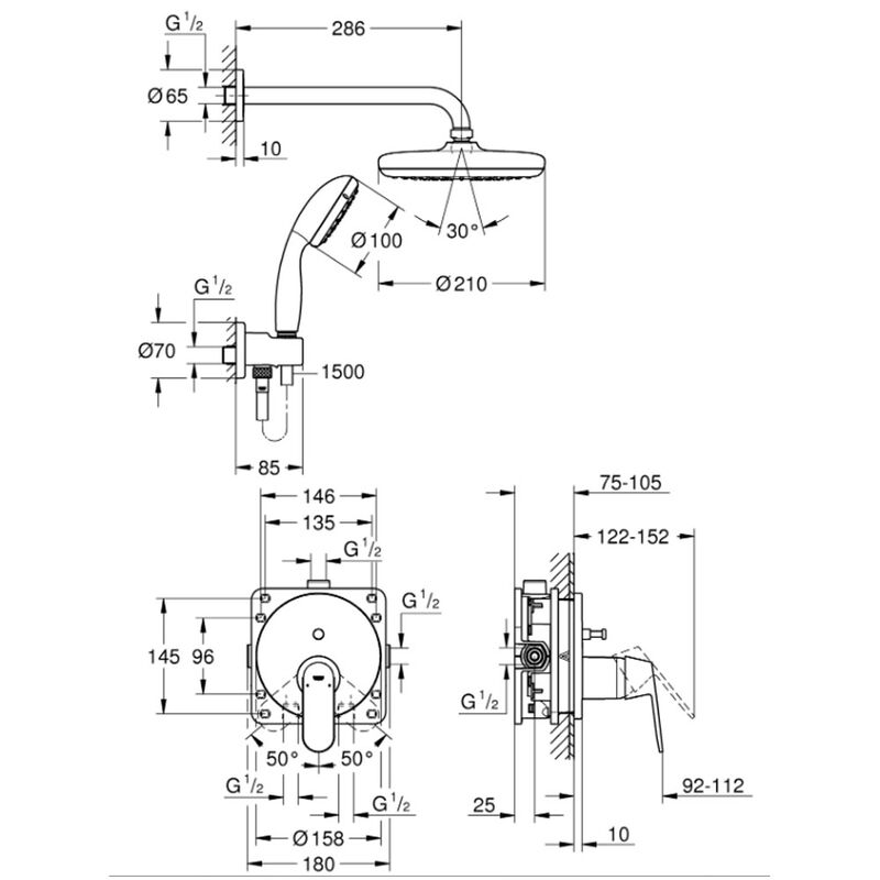 Душевая система grohe eurosmart cosmopolitan 25219001 скрытой установки в Алматы фото № 2