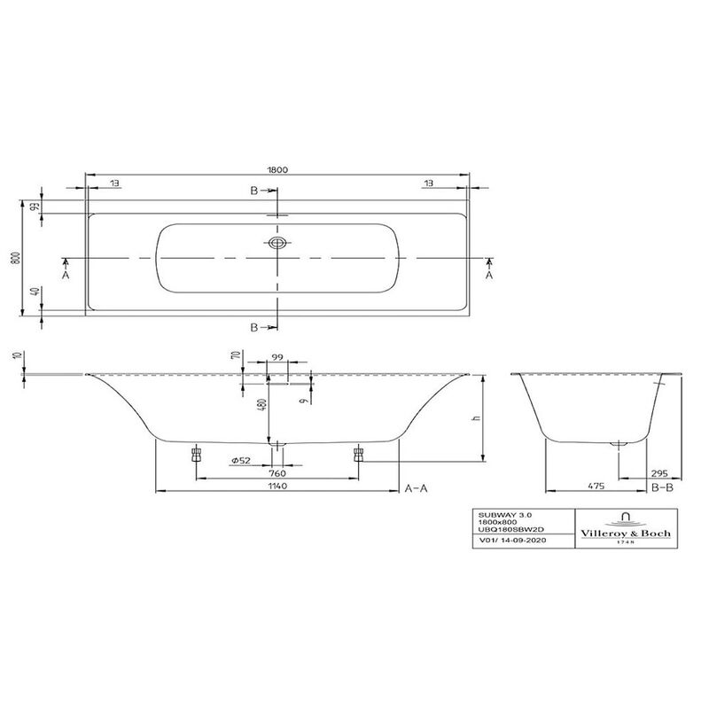 Ванна квариловая villeroy&boch subway 3.0 ubq180sbw2dv-01 180x80 в Алматы фото № 4