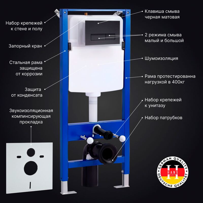 Инсталляция для унитаза hans h5108-0203 с черной клавишей смыва в Алматы фото № 3
