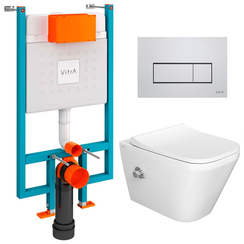 унитаз-биде с инсталляцией 5в1 vitra integra 7082b003-7209 безободковый, v-fix core 800-1875, клавиша хром root s 740-2380 в Алматы фото № 1