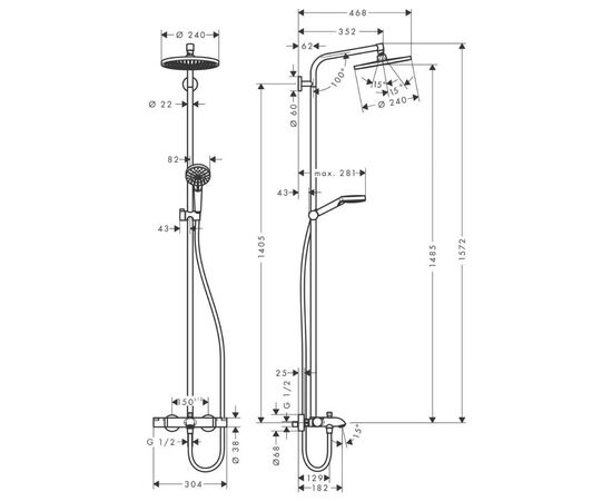 Душевая система hansgrohe crometta s240 showerpipe 27320000 с термостатом в Шымкенте фото № 3