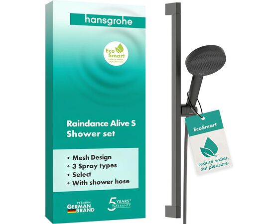 Душевой гарнитур hansgrohe raindance alive select s 24600340 ecosmart, шлифованный черный хром в Шымкенте фото № 1